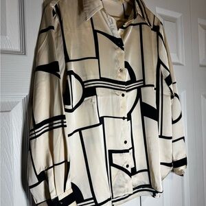 Mango Geometric Black and Cream Blouse
